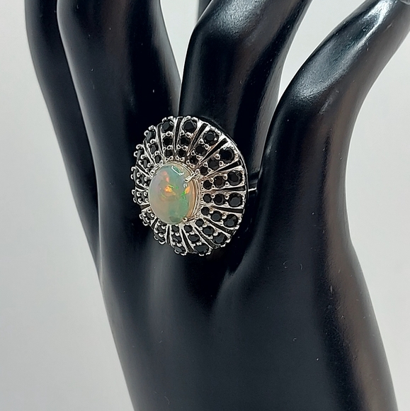 Unheated Oval Fire Opal 10x8mm Black Spinel 925 Sterling Silver Ring SZ 7.25 - Picture 6 of 9